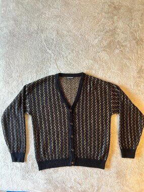 Talbots Black and Tan Patterned V-Neck Cardigan